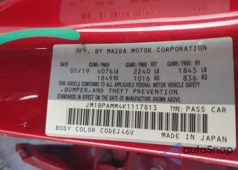 2019 Mazda Mazda3 Preferred Package z USA, uszkodzony, nr VIN JM1BPAMM4K1117813